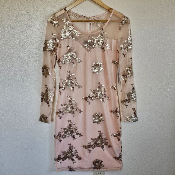 Light Peach Long-Sleeve Sequin Floral Mesh Dress Bailey Blue Size M - Picture 1 of 11